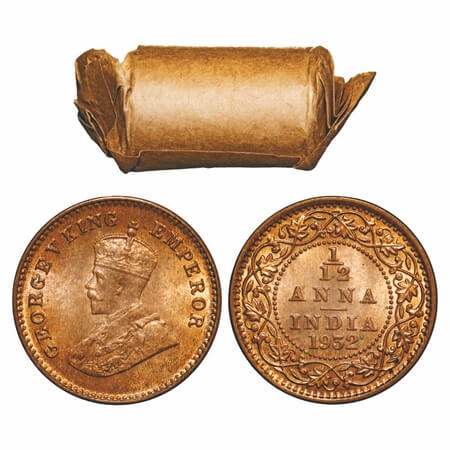 George V, Bronze, 1/12 Anna, (Roll of 24 coins), 1932, Calcutta Mint, No dot, 24 coins in 