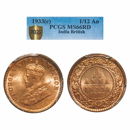 George V, Bronze, 1/12 Anna, 1933, Calcutta Mint, No dot. F. Prid 847. GK 1249. PCGS Slabb