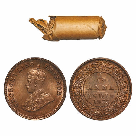 George V, Bronze, 1/12 Anna, (Roll of 24 coins), 1933, Calcutta Mint, No dot. Single mint 