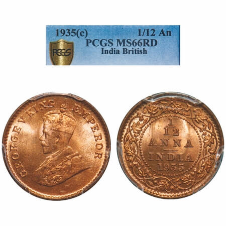 George V, Bronze, 1/12 Anna, 1935, Calcutta Mint, No dot. F. Prid 849. GK 1251. PCGS Slabb