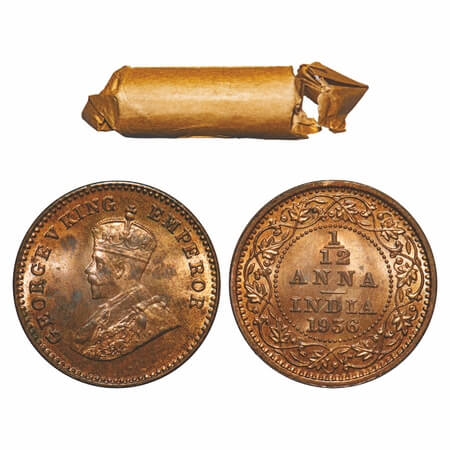George V, Bronze, 1/12 Anna, (Roll of 24 coins), 1936, Calcutta Mint, No dot, 24 coins in