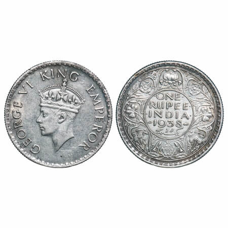 George VI, Silver, Rupee, 1938, Bombay Mint, A/I, No dot, Milled edge, Mis aligned die on 