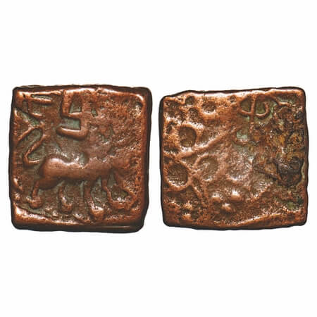 Satavahanas, Siri Satakarni, Nasik Region, Copper Unit, 4.99g, 18.12x17.27mm, Obv: Lion wa