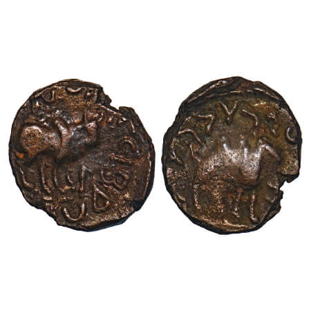 Kushan Dynasty, Kujula Kadphises, Copper Drachma, 4.74g, 17.49x15.52 m, Obv: Humped bull s