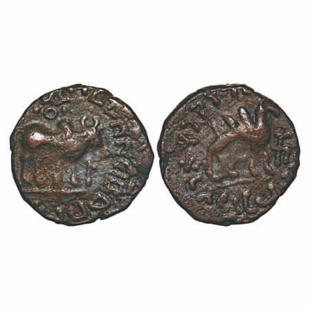 Kushan Dynasty, Kujula Kadphises, Copper Drachma, 4.54g, 16.04x16.61mm, Obv: Humped bull s