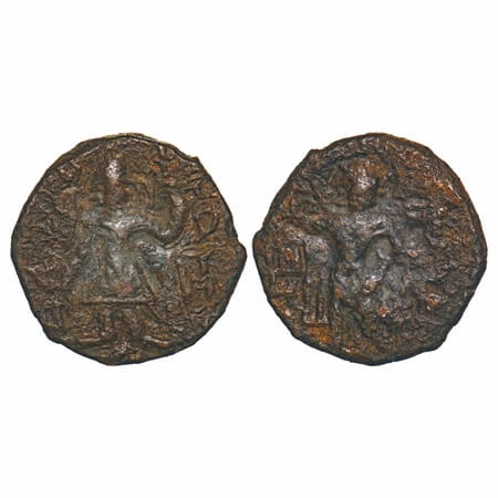 Kushan Dynasty, Kanishka (c. 127-151 AD), Copper ¼ Drachma, 4.34g, 17.75x17.09mm, Obv: Kin