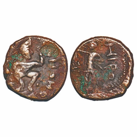 Kushanas, Huvishka (c. 158-195 AD), Copper Drachma, 9.36g, 21.37x21.02mm, Obv: King seated