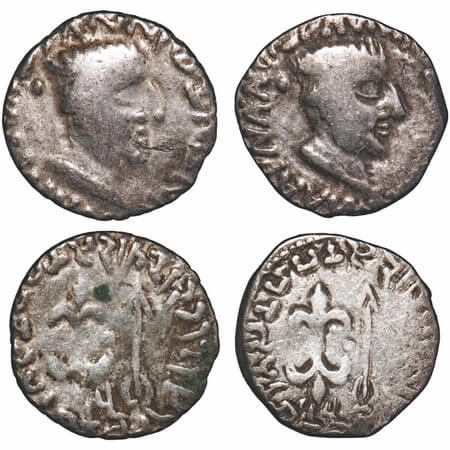 Western Kshatrpas, Nahapana (c. 50-100 AD), Silver Drachms (2 coins), 2.16g, 2.25g, 15.61x