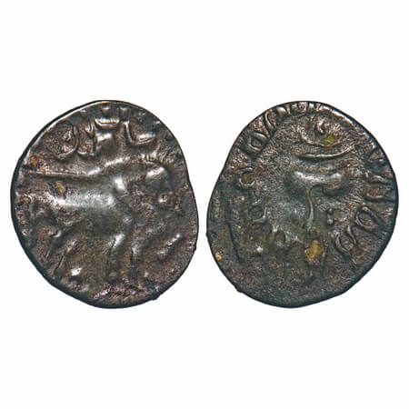 Pallavas of Kanchipuram, Copper Unit, 1.50g, 16.91x14.87mm, Obv: Bull standing facing to r