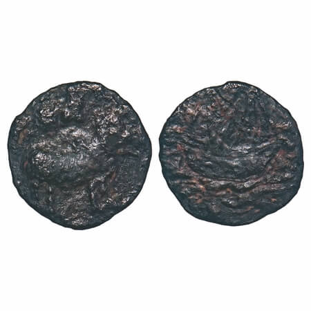 Pallavas of Kanchi, Potin Unit, 1.75g, 18.58x18.00 mm, Obv: Bull walking to right above tr
