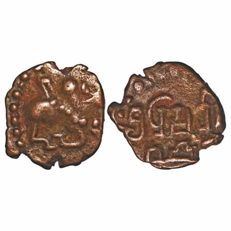 Kalachuris of Mahismati, Krishnaraja (550-575 AD), Copper unit, 0.98g, 11.75x10.88 mm, Obv