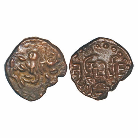 Kalachuris of Mahismati, Krishnaraja (550-575 AD), Copper unit, 1.24g, 12.41x12.05 mm, Obv