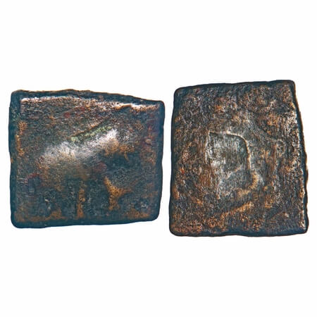 Sangam Chera, Copper, 2.51g, 13.64x15.24mm, Obv: Elephant and (four fishes in tank above),