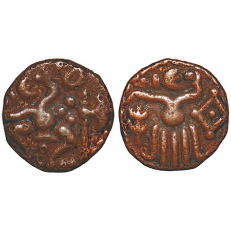 Venad Cheras, Kerala, (12-13c AD), Copper Kasu, 3.88g, 16.48x16.28 mm, Obv: Chola style se