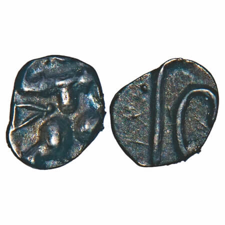 Telugu Chodas of Nellore, (12-13c AD), Silver Tara, 0.11g, 4.68x5.67 mm, Obv: Standing war
