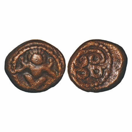 Vijayanagar Feudatories, Madurai Nayakas, (17th century), Copper, 1.97g, 10.32x11.72mm, Ob