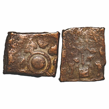 Pre-Satavahana, Vidarbha Region, Copper Unit, 3.43g, 14.10x17.01mm, Obv: Six armed symbol,