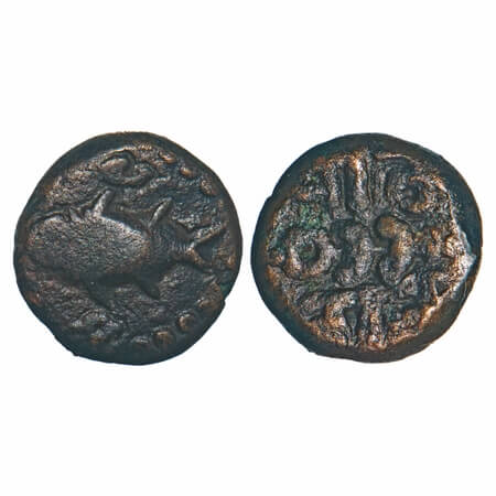 Gingee Marathas, (18c AD), Copper Kasu, 2.40g, 11.59x11.21 mm, Obv: Fish to left, Dotted b