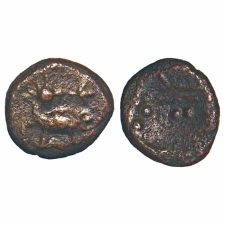 Arcot Nawabs, (18c AD), Copper Kasu fraction, 1.20g, 9.15x9.85 mm, Obv: Deer walking to le