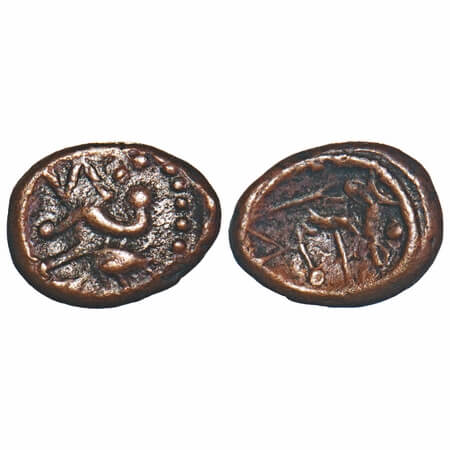 Arcot Nawabs, (18c AD), Copper Kasu, 2.06g, 10.67x13.67 mm, Obv: Bird to right, Dotted bor