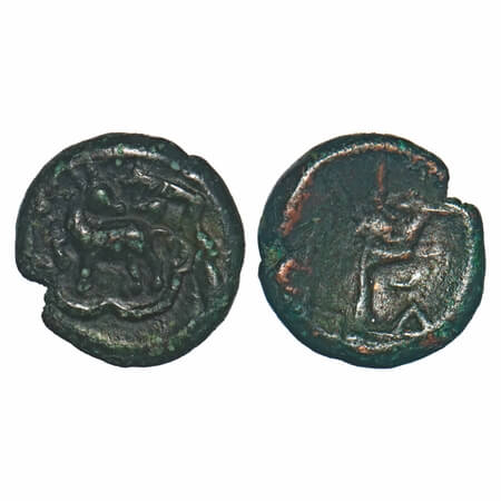 Arcot Nawabs, (18c AD), Copper Kasu, 2.26g, 13.25x12.73 mm, Obv: Deer to left, Wavy border