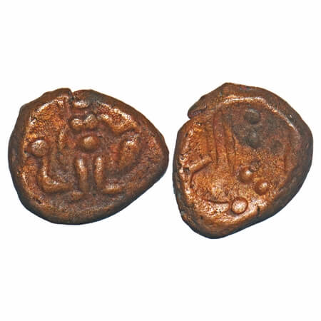 Arcot Nawabs, (18c AD), Copper Kasu fraction, 1.40g, 9.29x10.84 mm, Obv: Kartikeya seated 