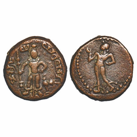 Yaudheya, Karttikeya-Devasena type, Copper Unit, 10.27g, 24.18x23.77mm, Obv: Karttikeya st