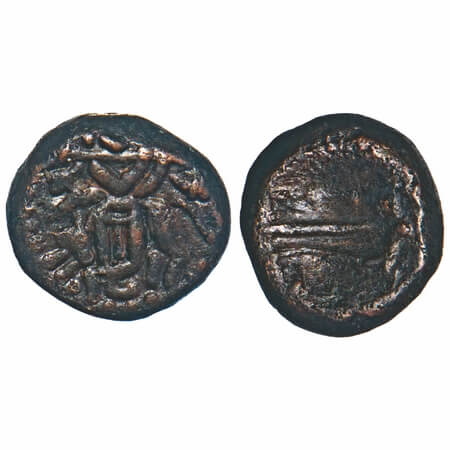 Arcot Nawabs, (18c AD), Copper Kasu fraction, 1.98g, 9.82x10.90 mm, Obv: Krishna playing f