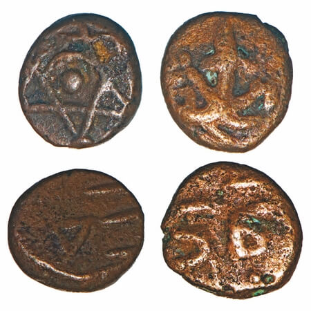 Nawabs of Arcot, Copper (2 Coins), 1.00 & 1.13g, Obv: Pointed star (2 Varieties), dot and 