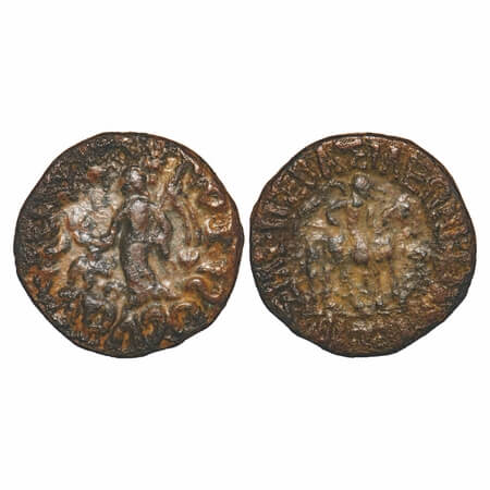 Indo-Scythians, Azilises, Copper Tetradrachma, 9.81g, 26.30x26.55mm, Obv: King mounted on 
