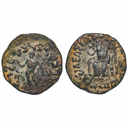 Indo-Scythians, Azes II, Copper Unit, 11.97g, 25.78x25.30 mm, Obv: City goddess seated on 