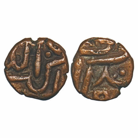 Akbar, Copper ½ Trambiyo, 3.07g, Delwara Mint, Gujarat fabric, Obv: Alla Hu Akbar Jalla Ja
