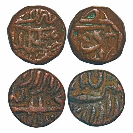 Akbar, Copper Dokdo (2 Coins), 5.51 & 4.06g, Gujarat fabric, Obv: Kalima in different styl