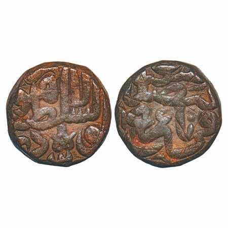 Akbar, Copper Dam, 20.70g, Dar ul Sultanat Lahore Mint, AH (9)86, flower mark. A.Liddle C-