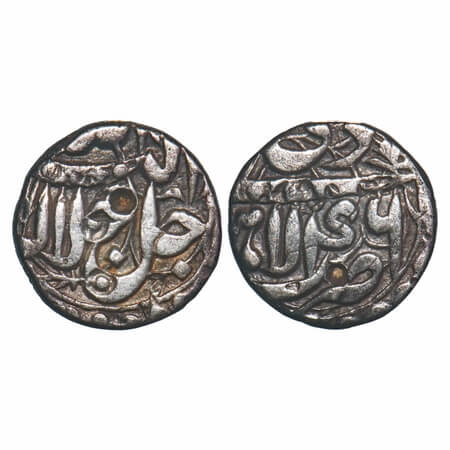 Akbar, Silver ½ Rupee, 5.44g, Lahore Mint, Ilahi type, Month 'Di', Year 46. KM 66.3. About
