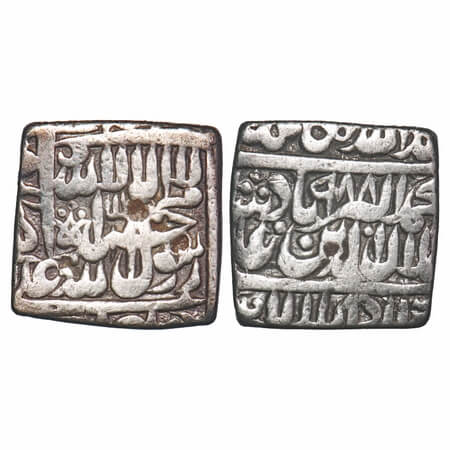 Akbar, Silver Square Rupee, 11.15g, Dar al-Sultanat Lahore Mint, Kalima type, AH 988, broa