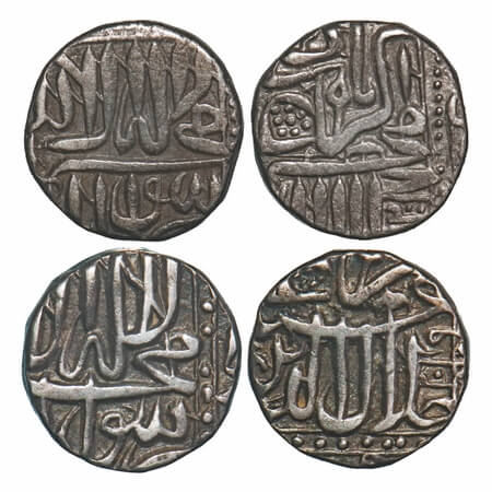 Akbar, Silver Mahmudi (2 Coins), 5.44 & 5.57g, Mulher Mint, both with a flag / dhwaja like