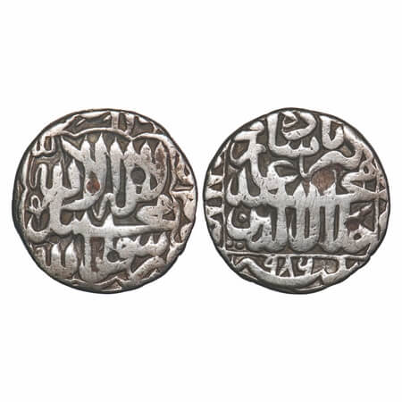 Akbar, Silver Round Rupee, 11.13g, Patna Mint, Kalima type, AH 986, Khald Alla legend in l