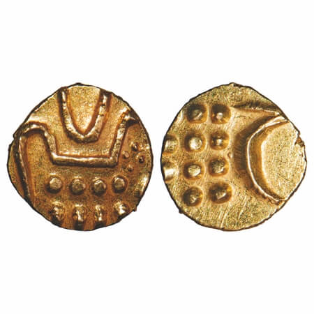 Mysore, Gold Fanam, 0.38g, Haider Ali (Calicut Fanam), Obv: Calicut type, Rev: Vira raya w