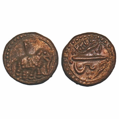 Mysore, Copper ¼ Paisa/Akhtar, 2.82g, Tipu Sultan, Patan Mint, AM 1224 retro date. Obv: El