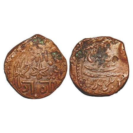 Baroda, Copper Paisa, 7.62g, Ganpat Rao, Amreli Mint, ND, Obv: Lotus at left, Scimitar at 