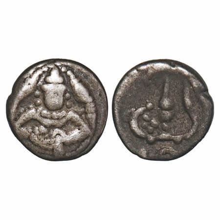 Cochin, Silver Puttun, 0.50g, British Proctectorate issue, Obv: Siva seated, Rev: Conch sh