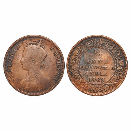 Dewas Junior, Copper 1/4 Anna, 6.12g, Narayan Rao (1864-1892 AD), 1888AD, with the name of