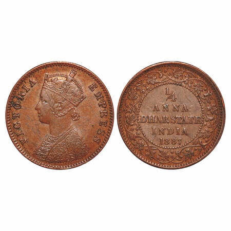 Dhar, Copper ¼ Anna, 6.38g, Anand Rao III (1860-1898 AD), 1887 AD, bust of Victoria Empres