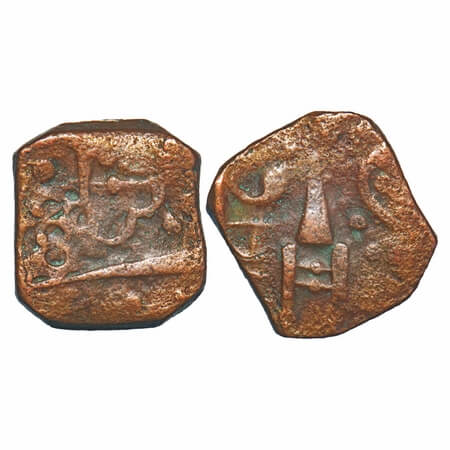 Lunawada, Copper square Paisa, 7.93g, Dalel Singhji, Obv: rulers name '(Da) la la' and kat