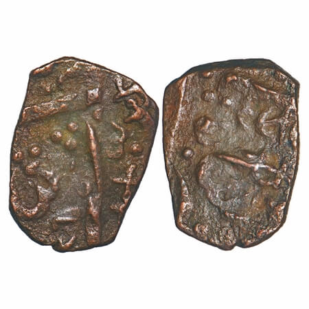 Lunawada, Rectangle Copper Paisa, 7.11g, Dalel Singhji, Obv: badshah type, Rev: dagger, Da