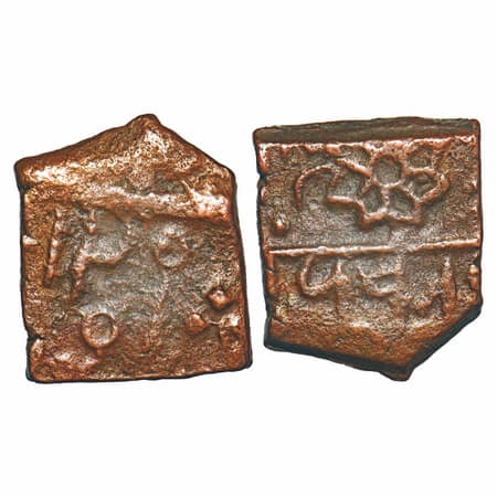 Lunawada, Copper square Paisa, 8.03g, Vakhat Singhji, Obv: eight petaled flower, rulers na