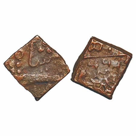 Lunawada, Copper square Paisa, 7.27g, Vakhat Singhji, Obv: 2 eight petaled flower, rulers 