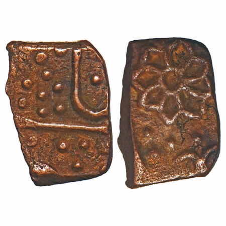 Lunawada, Copper ½ Paisa, 3.11g, Vakhat Singhji, Obv: Eight petaled flower, Rev: Shah in p
