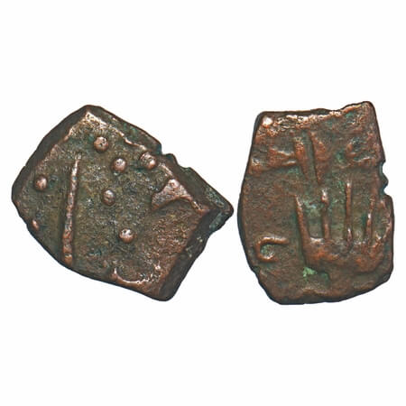 Lunawada, Copper 1/4 Paisa, 2.01g, Vakhat Singhji, Obv: Dieties handwith rulers name above
